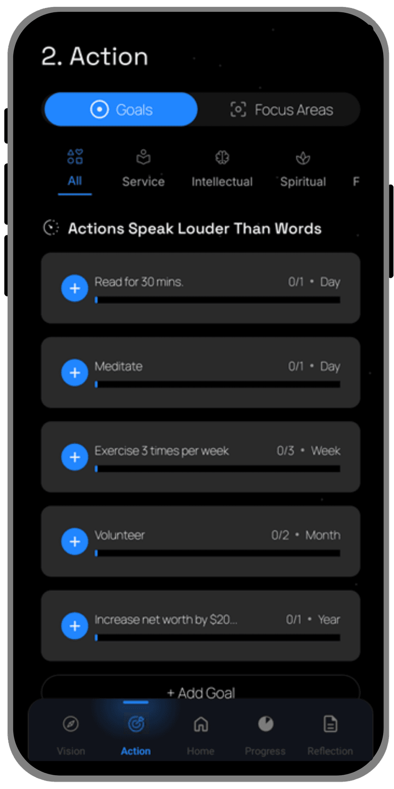 The Aspirational Me Action screen listing goals such as reading, meditation, exercise, and volunteering, with daily, weekly, monthly, and yearly targets.
