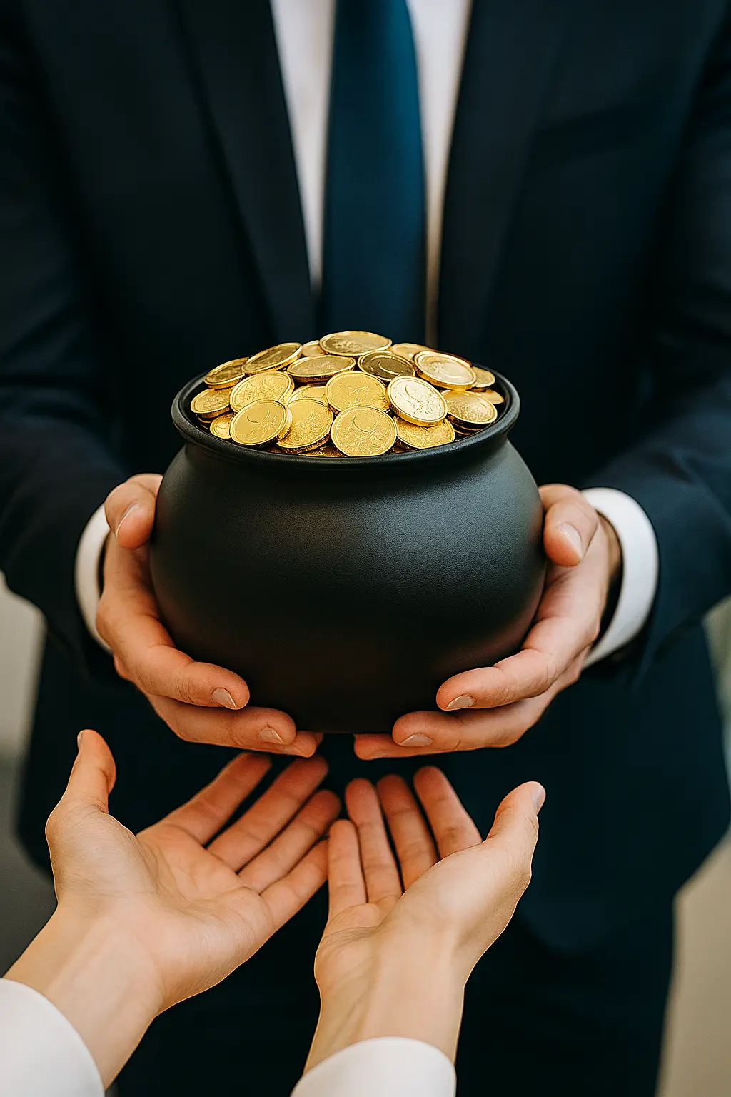 A person in a dark suit holds a black pot filled with gold coins above two open hands.