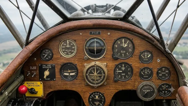 The wooden instrument panel and gauges of an open-cockpit airplane, seen from the pilot’s seat.