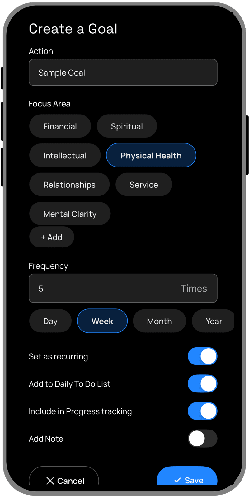 The Aspirational Me Create a Goal screen, with a focus area, a weekly frequency, and options for a to-do list and progress tracking.