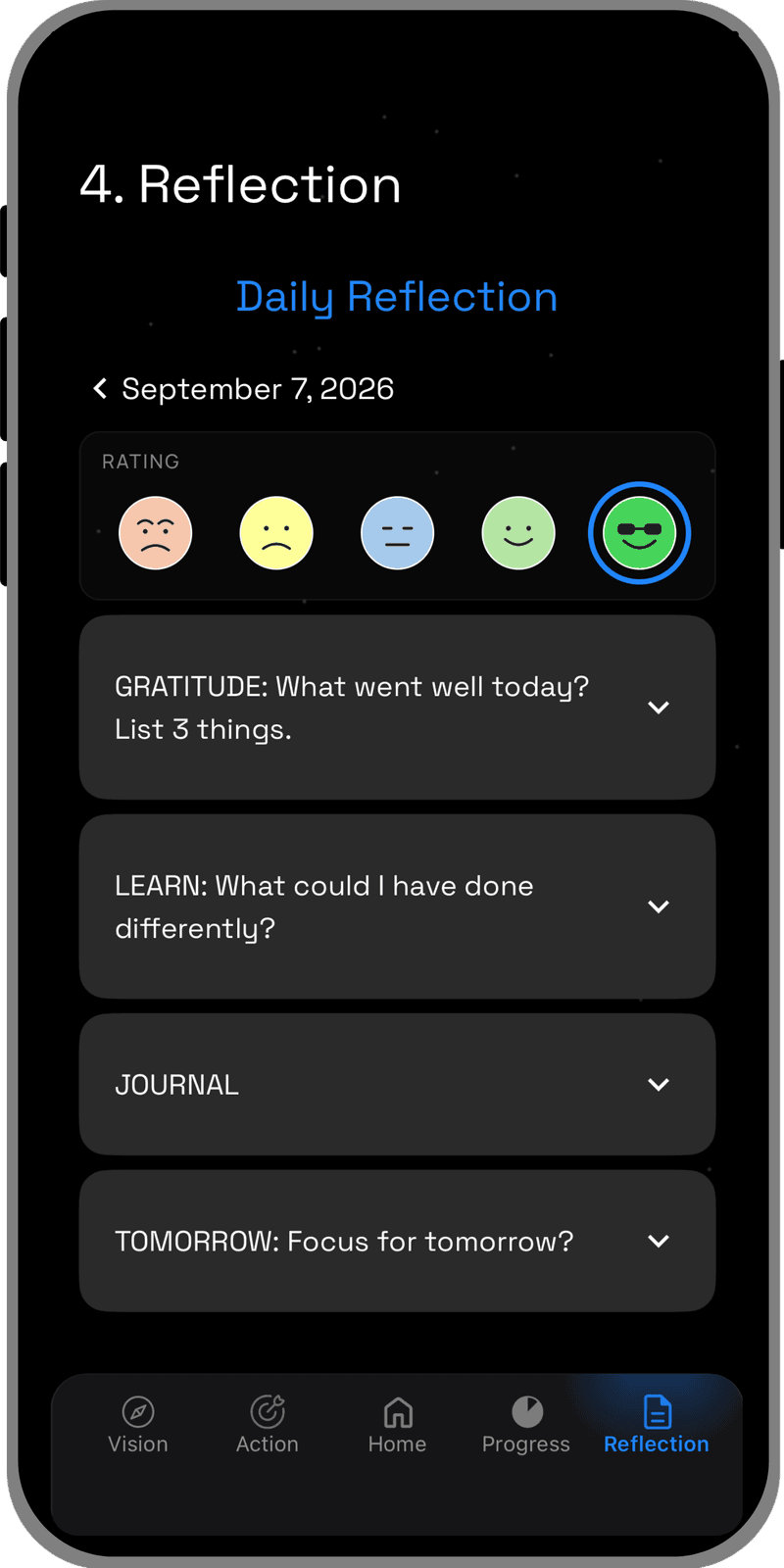 The Aspirational Me Daily Reflection screen, with a rating and prompts for gratitude, learning, a journal entry, and tomorrow's focus.