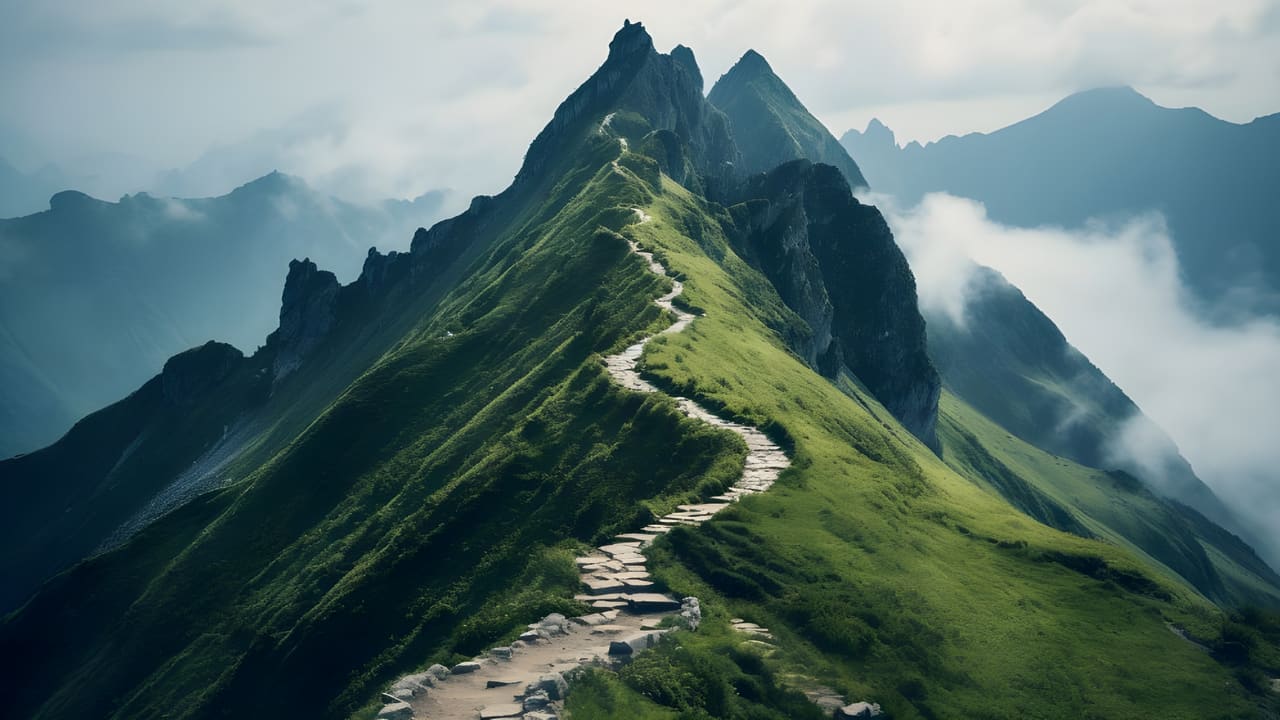 A stone path winding along a green mountain ridge toward a high peak, with clouds in the valley below.