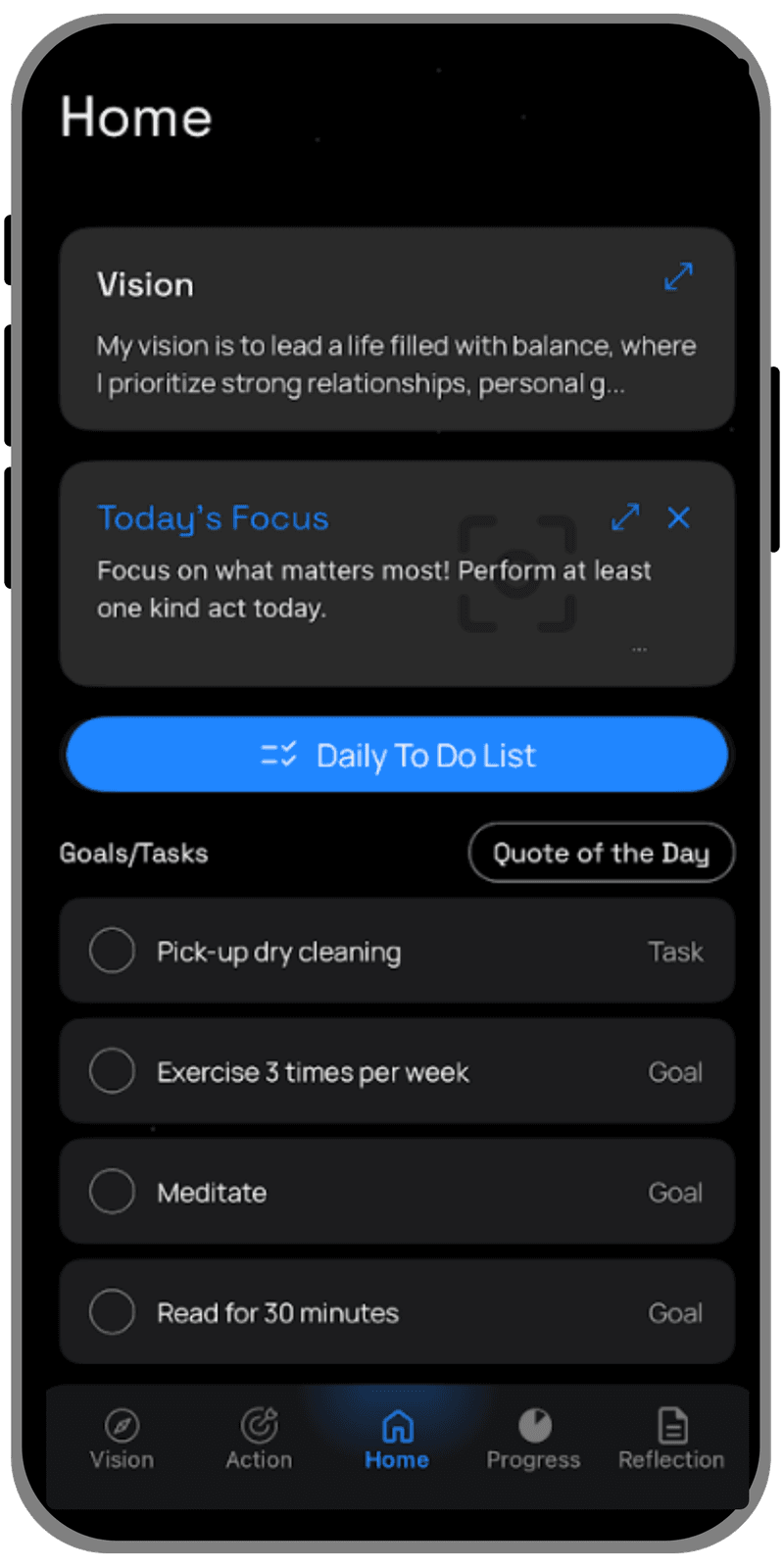 The Aspirational Me Home screen, showing a vision summary, today's focus, and a daily to-do list of tasks and goals.
