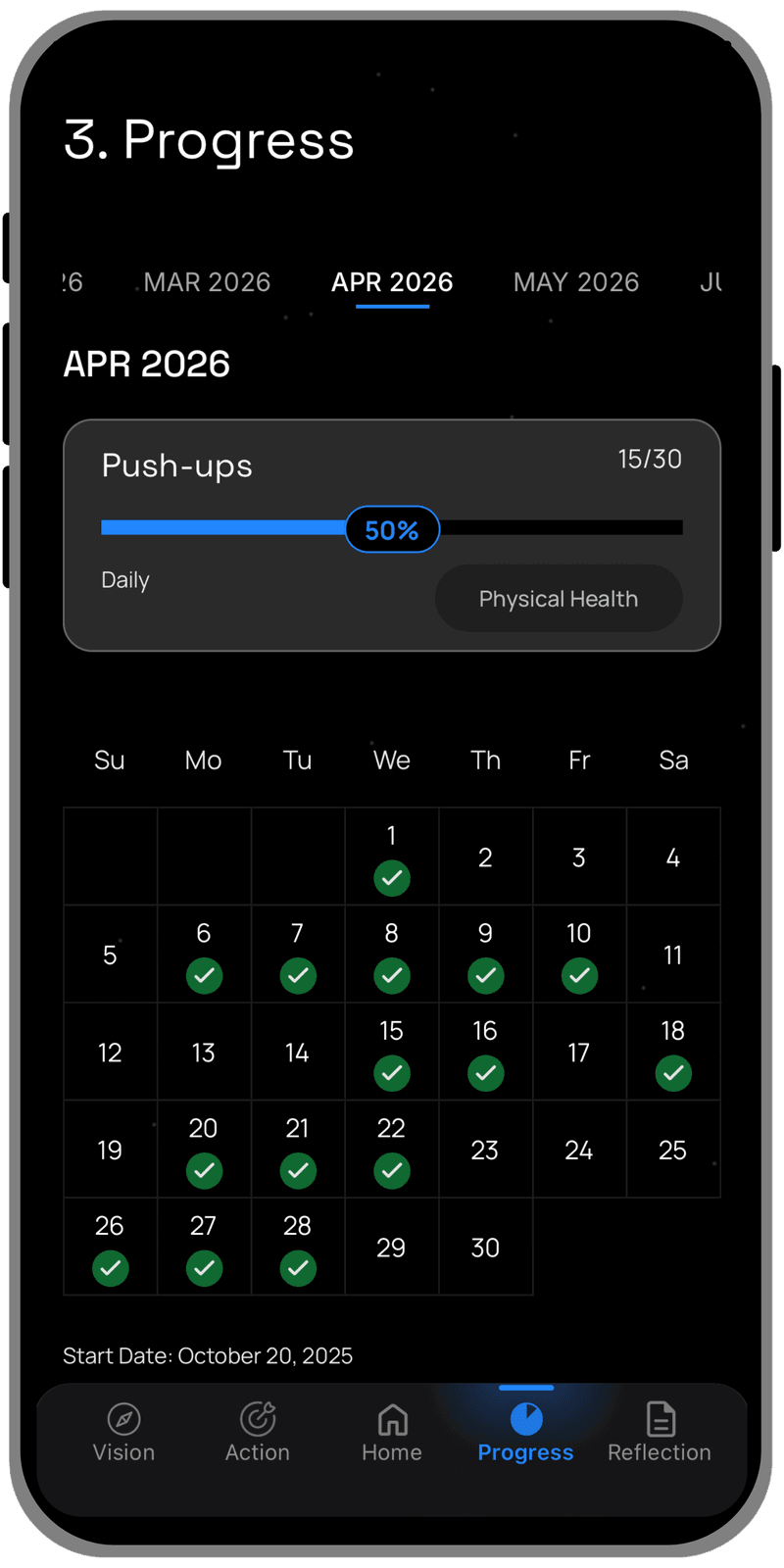 The Aspirational Me Progress screen for one goal, with a monthly calendar of completed days and a notes field.