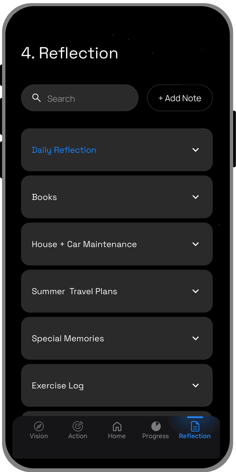The Aspirational Me Reflection screen, with Daily Reflection and a list of personal notes.