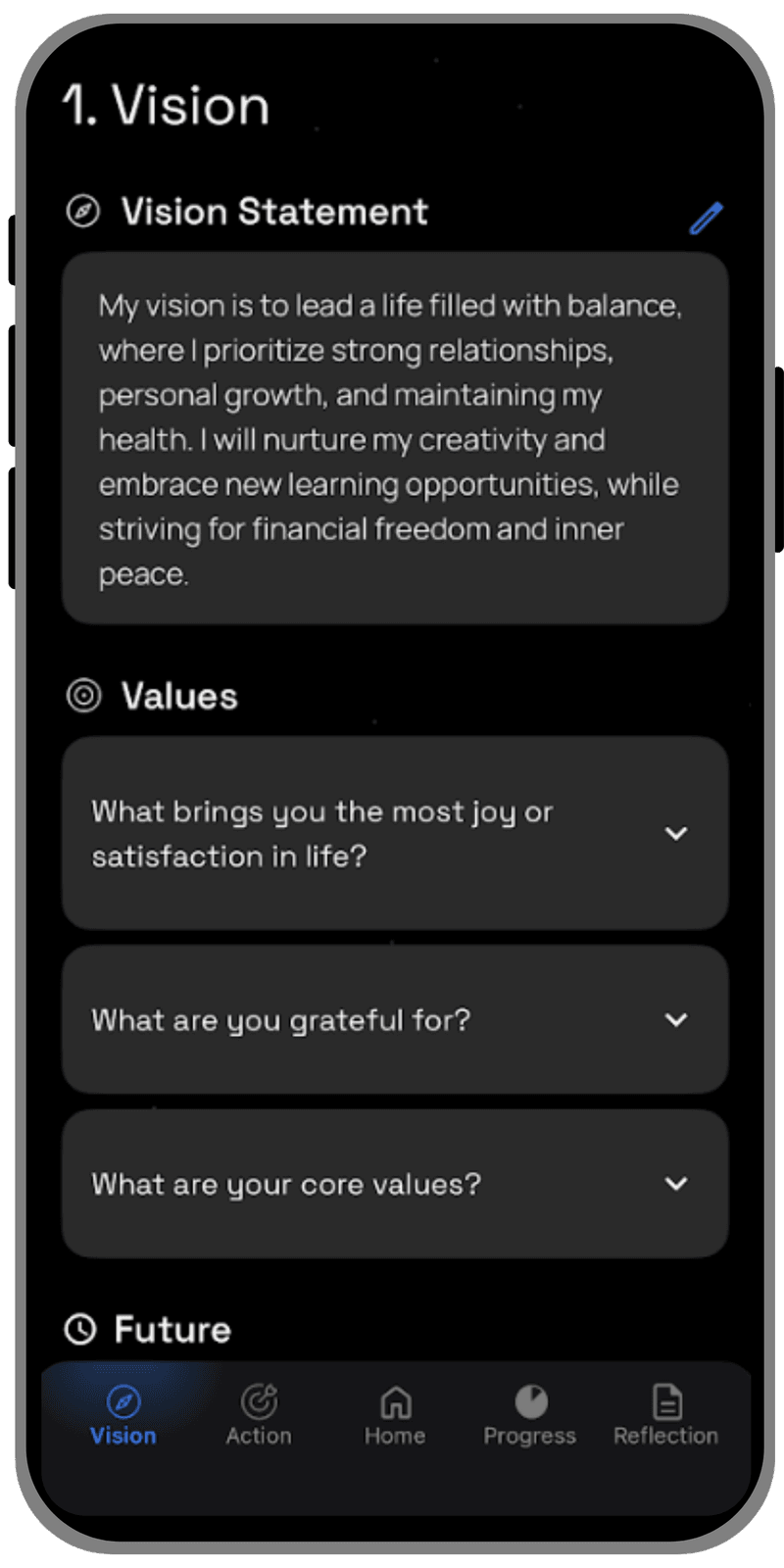 The Aspirational Me app open to Vision, showing a vision statement and prompts about joy, gratitude, and core values.